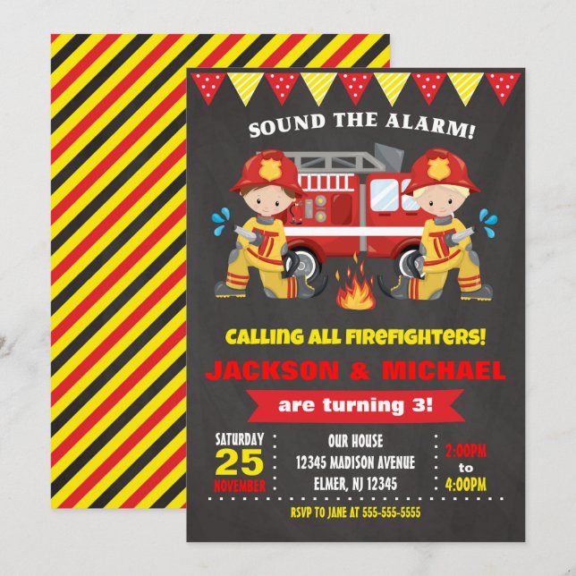 Cartel de la invitación de cumpleaños del bombero (Anverso / Reverso)