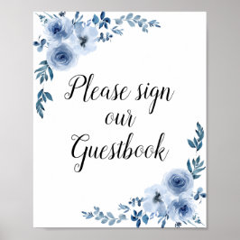 cartel de libro de visitas de boda con flores azul
