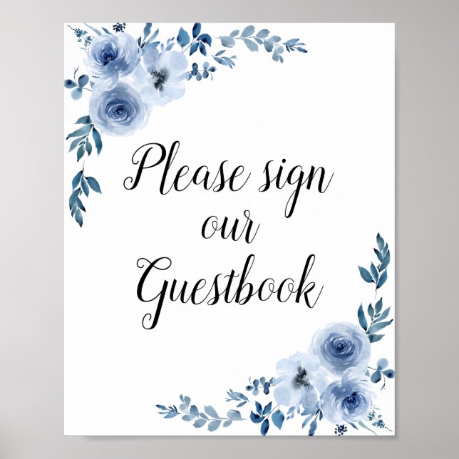 cartel de libro de visitas de boda con flores azul (Frente)
