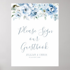 cartel de libro de visitas de boda con flores azul