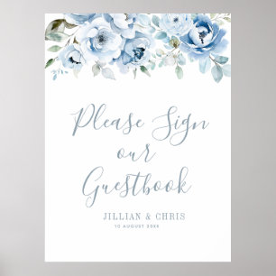 cartel de libro de visitas de boda con flores azul