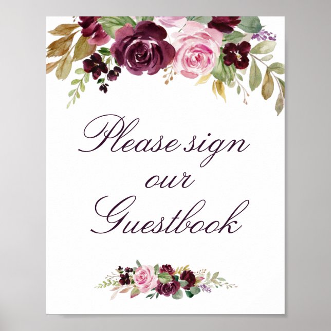 cartel de libro de visitas de boda con flores mora (Frente)
