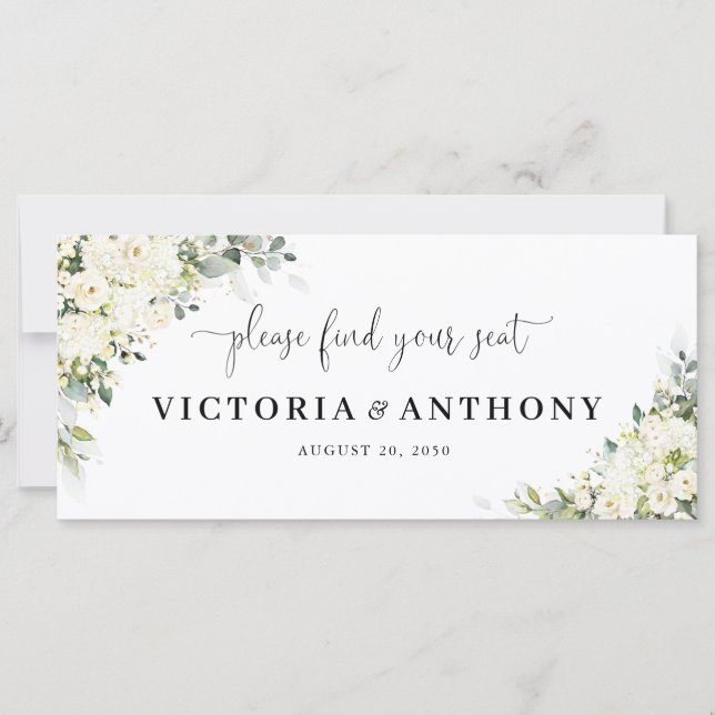 Cartel de mesa principal de boda con flores blanca (Anverso)