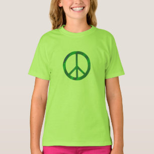 Cartel de paz en blends, camisetas azules y verdes