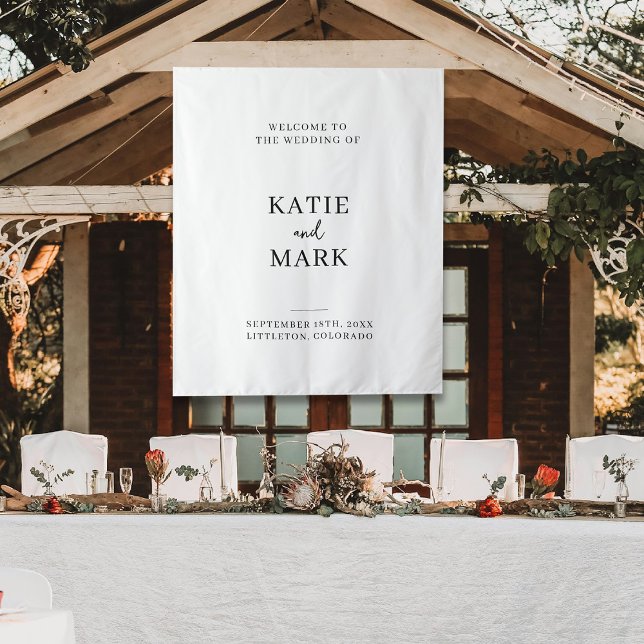 Cartel de tela de bienvenida moderna a nuestra bod (Modern Welcome To Our Wedding Fabric Sign Tapestry)
