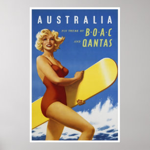 Cartel de viaje a Australia Arte de surf Qantas Im