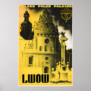 Cartel de viaje antiguo de Polonia Lwow Arte de pa
