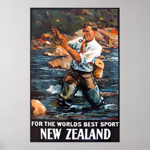 Cartel de viaje de arte de pesca con mosca en Nuev