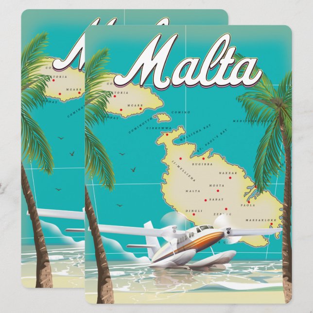 Cartel de viaje de la playa y mapa de Malta (Anverso / Reverso)