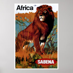 Cartel de viaje de Sabena de arte de león africano