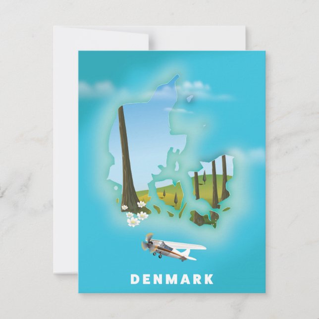 Cartel de viaje ilustrado del mapa de Dinamarca. (Anverso)