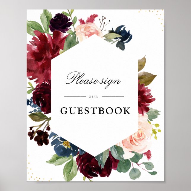 Cartel del boda del libro de visitas Floral Burgun (Frente)