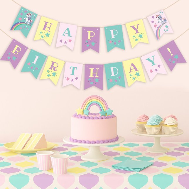 Cartel del cumpleaños del arcoiris de Unicornio má (Magical Unicorn Rainbow Colorful Birthday bunting banner)