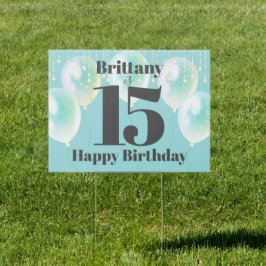 Cartel Felices 15 Globos turquesa de cumpleaños tipo negr