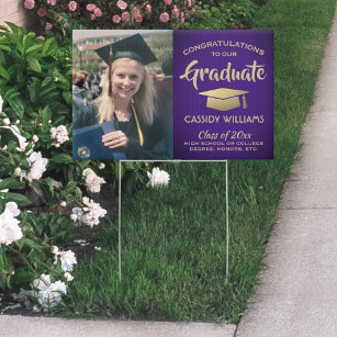 Cartel Foto felicitaciones yard morado y dorado graduado