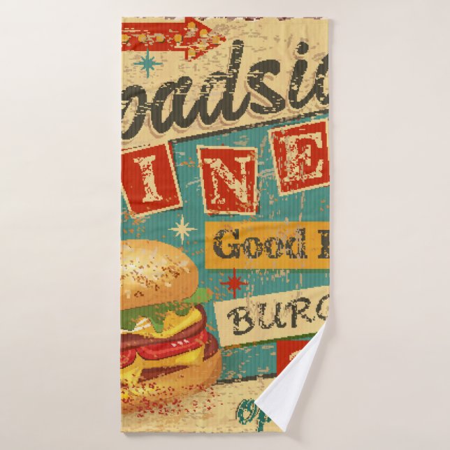 Cartel metalizado de Vintage Roadside Diner. cena, (Toalla de baño)