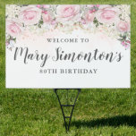 Cartel Pink White Floral 80th Birthday Party Welcome Yard<br><div class="desc">Rústico y elegante. rosas rosas rosas Rubor,  flores de hidrangea blanca y mucha vegetación,  hojas y viñas se unen para crear un hermoso borde floral a lo largo de la parte superior de este cartel de cumpleaños de fiesta de 80 años.</div>