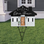 Cartel Puerta delantera de color de agua de madera de la<br><div class="desc">Bienvenido a sus clientes a su evento open house con nuestro exclusivo diseño de señas inmobiliarias de diseño. El diseño de los letreros de forma de la casa presenta nuestra exclusiva puerta de acuarela moderna de mediados de siglo con luces negras, ventanas, macetas y acentos de ladrillo. Todos los ilustraciones...</div>