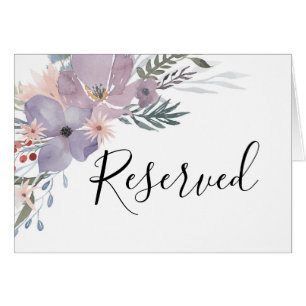 Cartel reservado de flores moradas. Boda botánico