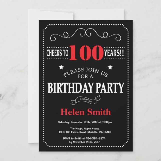 Cartel rojo y negro para la invitación de cumpleañ (Anverso)