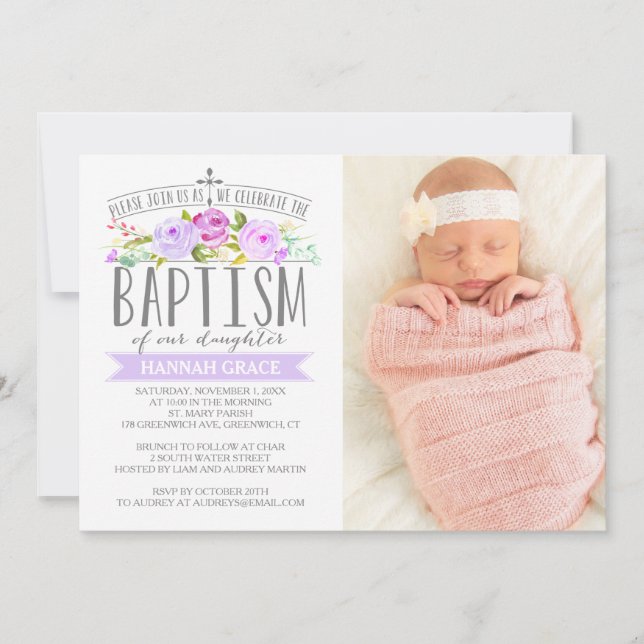 Cartel Rosa Baptismo púrpura Invitación a la foto (Anverso)