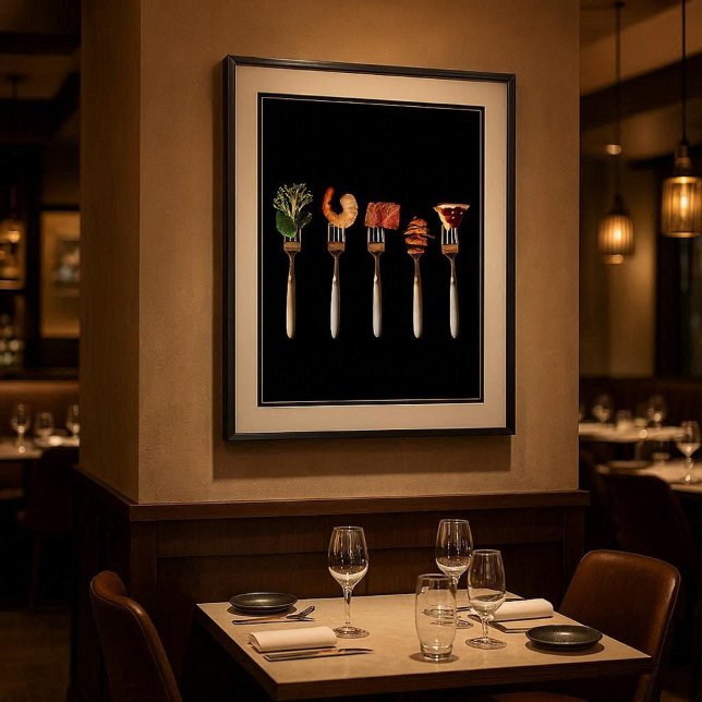 Carteles de Impresiones Fotográficas de Comida en  (Modern foods on forks poster for kitchens, dining rooms, cafés, or upscale restaurant walls)