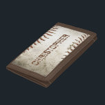 Cartera De 3 Hojas Béisbol vintage personalizado<br><div class="desc">Una foto de un béisbol desgastado proporciona el fondo de este diseño personalizado,  con un nombre de personalizable de fuente angustiada a la sombra de un marrón rojizo que coincide con el cosido. Ideal para jugar al béisbol o para practicar deportes en la lista de regalos.</div>