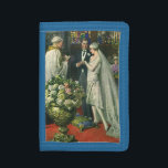 Cartera De 3 Hojas Boda de cosecha, novia y novio con Menorah<br><div class="desc">Imagen de la ceremonia del amor al ilustracion vintage y boda romántico que presenta a una pareja casada en una hermosa sinagoga con vidrieras,  flores y una menorah de siete ramas. La novia lleva un vestido largo y blanco boda y el novio es guapo en su esmoquin.</div>