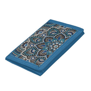 Cartera De 3 Hojas Boho mandala azul y plateado, arte de puntos