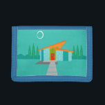 Cartera De 3 Hojas Casa Personalizado de la edad espacial TriFold Nyl<br><div class="desc">Esta casa Personalizado de la Edad Espacial TriFold Nylon Wallet es un sueño de amante retro hecho realidad. El minimalista diseño de arte cuenta con una casa de piedra acuática con grandes ventanas de color azul pavo real. Colgado desde el techo atómico, inclinado y naranja, una luz sputnik amarilla ilumina...</div>