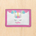 Cartera De 3 Hojas Chicas personalizados de Floral Unicornio<br><div class="desc">La billetera cute unicorn es un regalo maravilloso para un chica. El diseño presenta una cara de unicornio y flores de color morado,  rosa y verde azulado. Personaliza con un nombre para un regalo personalizado que ella amará.</div>
