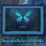 Cartera De 3 Hojas Mariposa azul monogramada<br><div class="desc">Plantilla inicial y monograma Cubierta de mariposa azul con fondo oscuro moreno. ~ Parte de la colección "Blue Butterfly".</div>