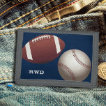 Cartera De 3 Hojas Monograma de Fútbol Béisbol<br><div class="desc">Billetera para niños de fútbol y béisbol con su nombre o iniciales,  o borrar las letras. Tema deportivo de color azul oscuro con opciones de zona con costura de borde.</div>