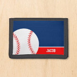 Cartera De 3 Hojas Nombre de los niños personalizados del béisbol roj<br><div class="desc">Esta linda cartera de béisbol hace un gran regalo para un niño pequeño. Personalice fácilmente este nombre personalizado.</div>