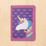Cartera De 3 Hojas Nombre de niño personalizado morado de unicornio<br><div class="desc">Cute cartera personalizada de unicornio morado chica con una fuente de escritura moderna. Puede elegir su tipo de letra o cambiar el color de fondo utilizando las herramientas de plantilla en línea.</div>