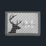 Cartera De 3 Hojas Personalizado de ciervo y rayas grises de moda<br><div class="desc">Elegante perfil de ciervo de felpa y cartera rayada gris con elegante monograma.</div>