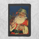 Cartera De 3 Hojas Vintage Christmas, Jolly Santa Claus con juguetes<br><div class="desc">Ilustracion de época Feliz Navidad diseño con un feliz y alegre Santa Claus con una larga barba blanca y un gorra cargando un saco lleno de juguetes en la Noche de los Navidades.</div>