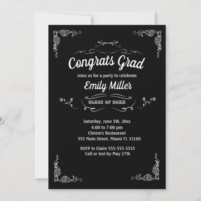 Cartón blanco negro de invitación a graduación (Anverso)