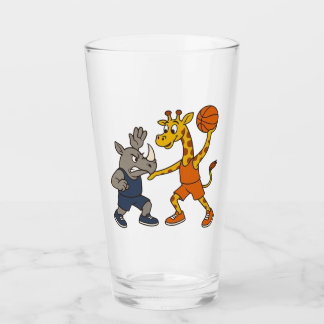 Cartoon giraffe & rhino playing basketball