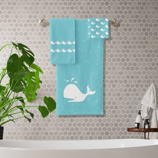 Cartoon Whale Ocean Mist Blue Bath Towel Set (Subido por el creador)
