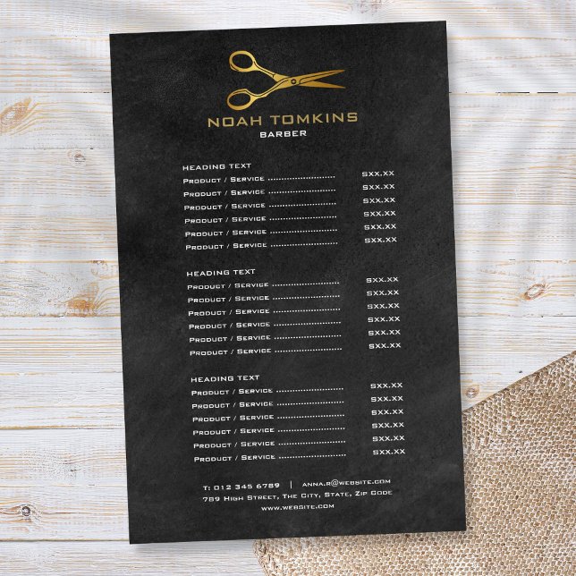 Cartucho de menú del servicio de barbacoa de las t (Gold Scissors Barber Service Menu Chalkboard Flyer)