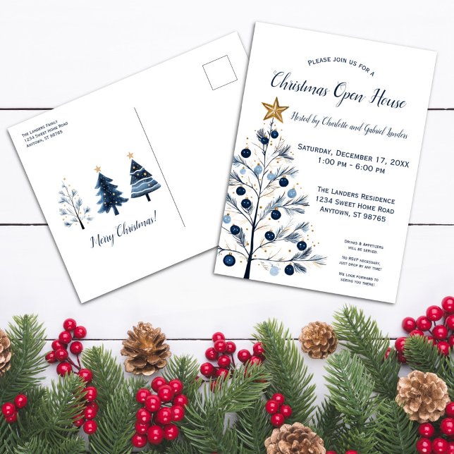 Casa abierta de árbol de Navidad azul y dorado mod (Front and Back Modern Blue and Gold Christmas Tree Postcard)