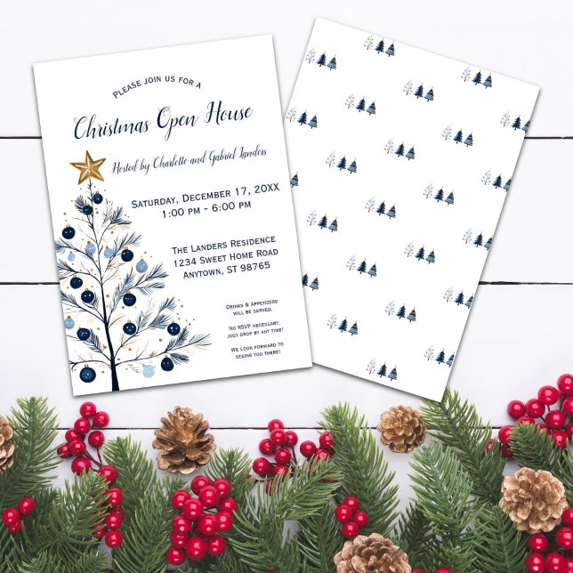 Casa abierta de árbol de Navidad azul y dorado mod (Front and Back Modern Christmas Tree Christmas Open House Invitation)