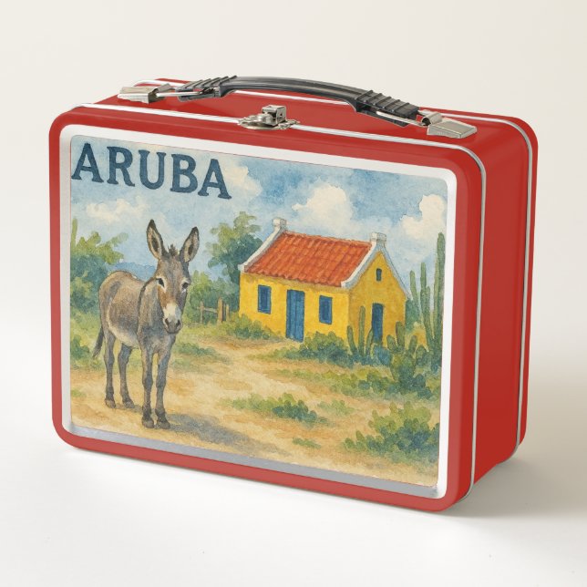 Casa cunucu amarilla de Aruba con burro acuarela (Anverso)