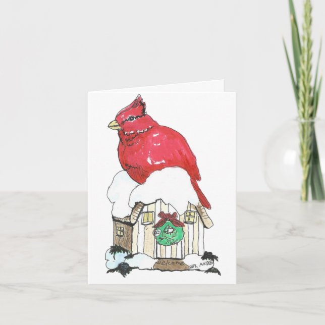Casa de cardenales navidades con tarjeta de vacaci (Anverso)