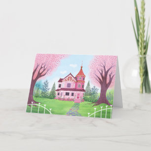 Casa de estilo victoriano rosa y tarjeta en blanco