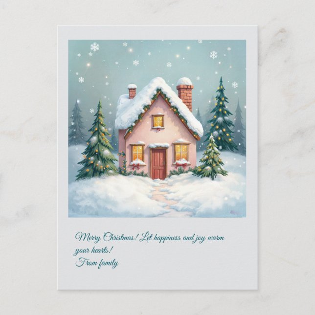 Casa de Navidad. ¡Feliz Navidad! Tarjeta de vacaci (Anverso)