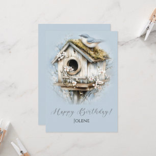 Casa de pájaros desgastada y pájaro Feliz Cumpleañ