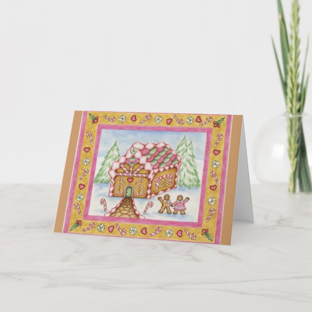 Casa de pan de jengibre de tarjeta de Navidad rosa (Anverso)