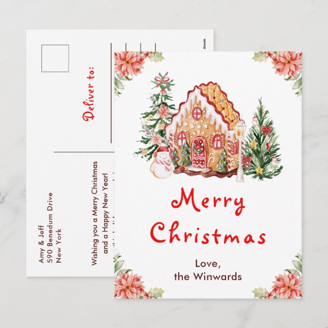 Casa de Pan de Jengibre Rojo Feliz Navidad (Anverso / Reverso)